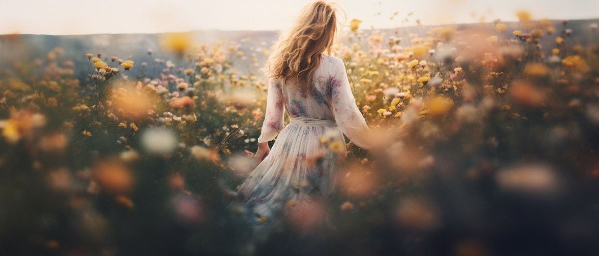 A woman wearing a dress walking through a dreamy flower field.